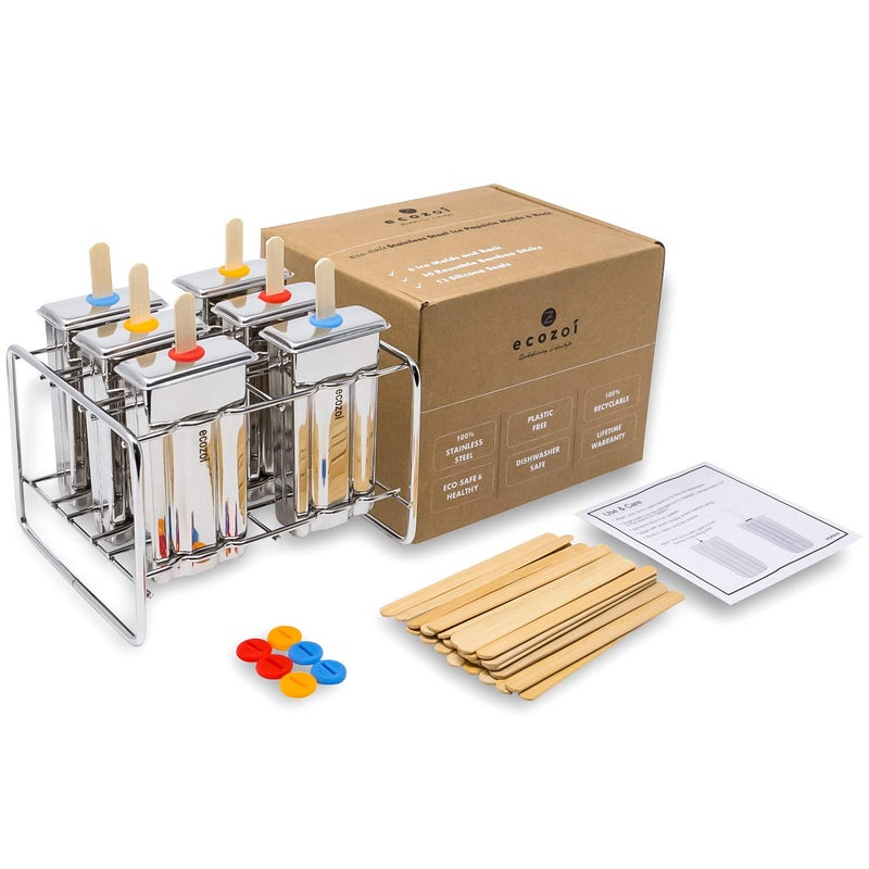 Ecozoi Stainless Steel Popsicle Molds and Rack - 6 Square Ice Pop Makers + 30 Reusable Bamboo Sticks + 12 Silicone Seals + 1 Cleaning Brush +1 Rack - Image 1